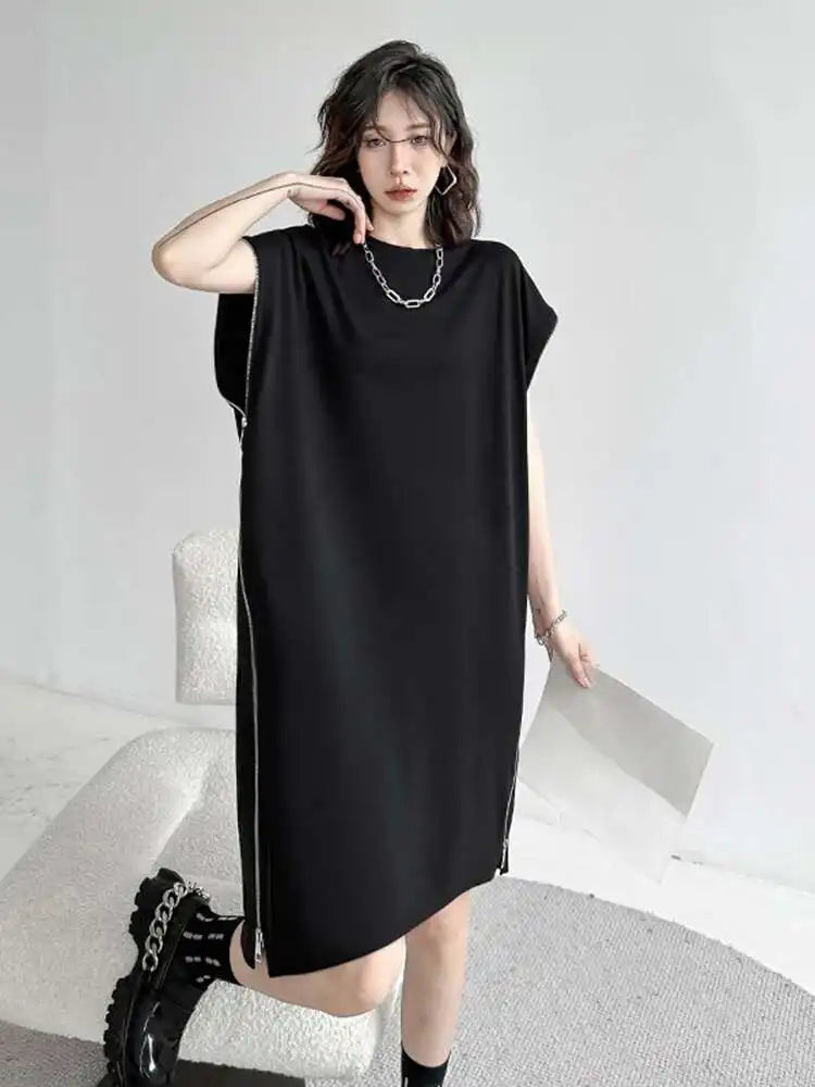 Women Black Zipper Big Size Casual Dress New Round Neck Short Sleeve Loose Fit Fashion Tide Spring Summer 2025 1DF7865