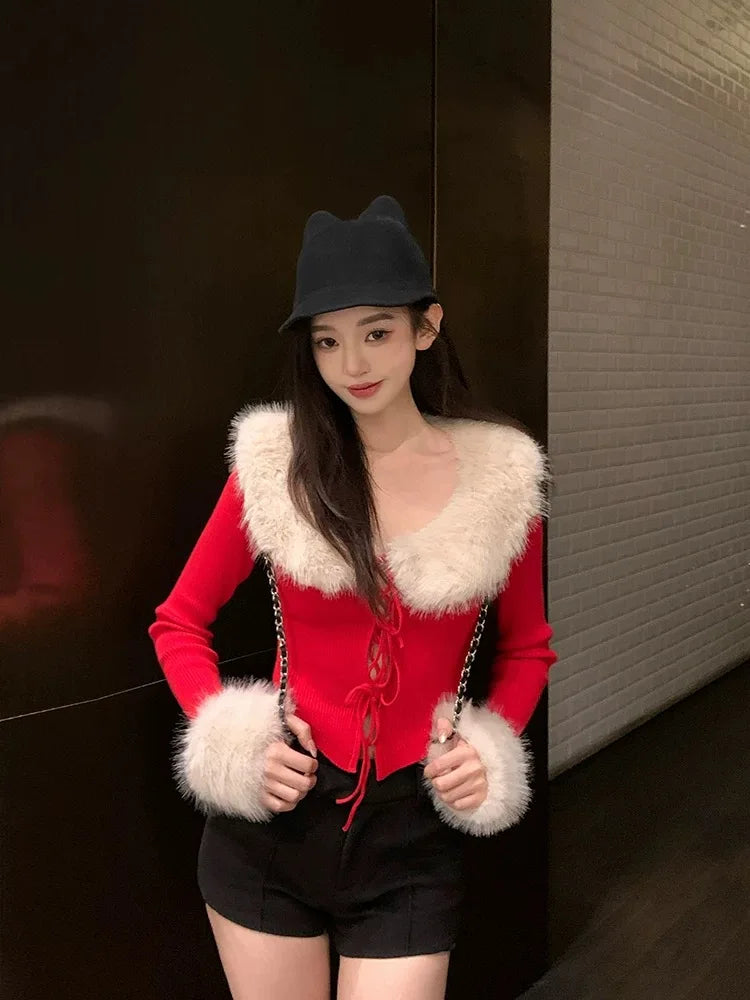 French Fashion Women Blue Long Sleeve Knitted Sweater 2024 New Autumn Winter Ladies Red Hairy Neck Lace-up Cardigan Tops Popular