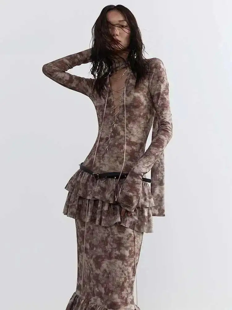 Women Beige Hollow Out Bandge Ruffles Long Elegant Dress New V-Neck Long Sleeve Fashion Tide Spring Autumn 2025 1DH4719