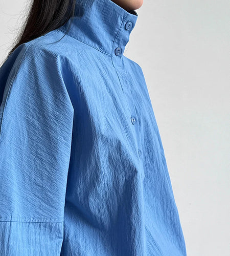 Women Blue Drawstring Big Size Casual Blouse New Stand Collar Long Sleeve Shirt Fashion Tide Spring Autumn 2025  1DJ0930