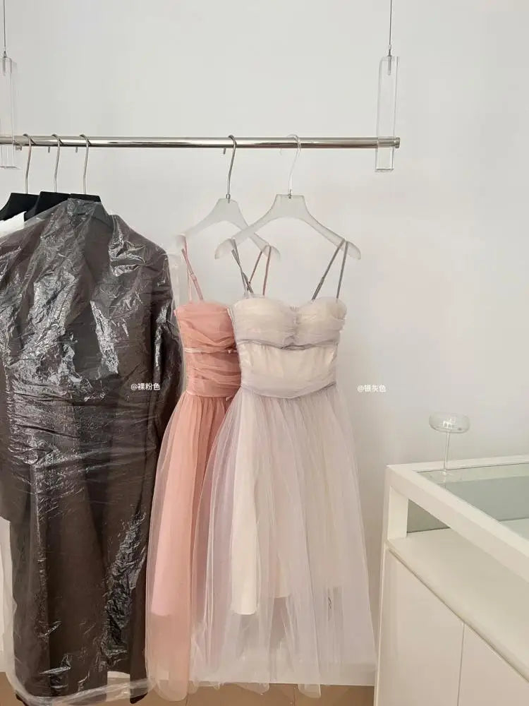 French Vintage Women Silver Pink Mesh Elegant Sexy Club Backless Pleated Slip Long Dress 2025 Summer Sleeveless Slim Party Dress