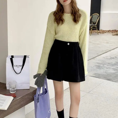 Load image into Gallery viewer, Korean Fashion Women Black High Waist Corduroy Shorts Autumn Winter Lady Beige Wide Legs Short Pant Simplicity Casual Streetwear
