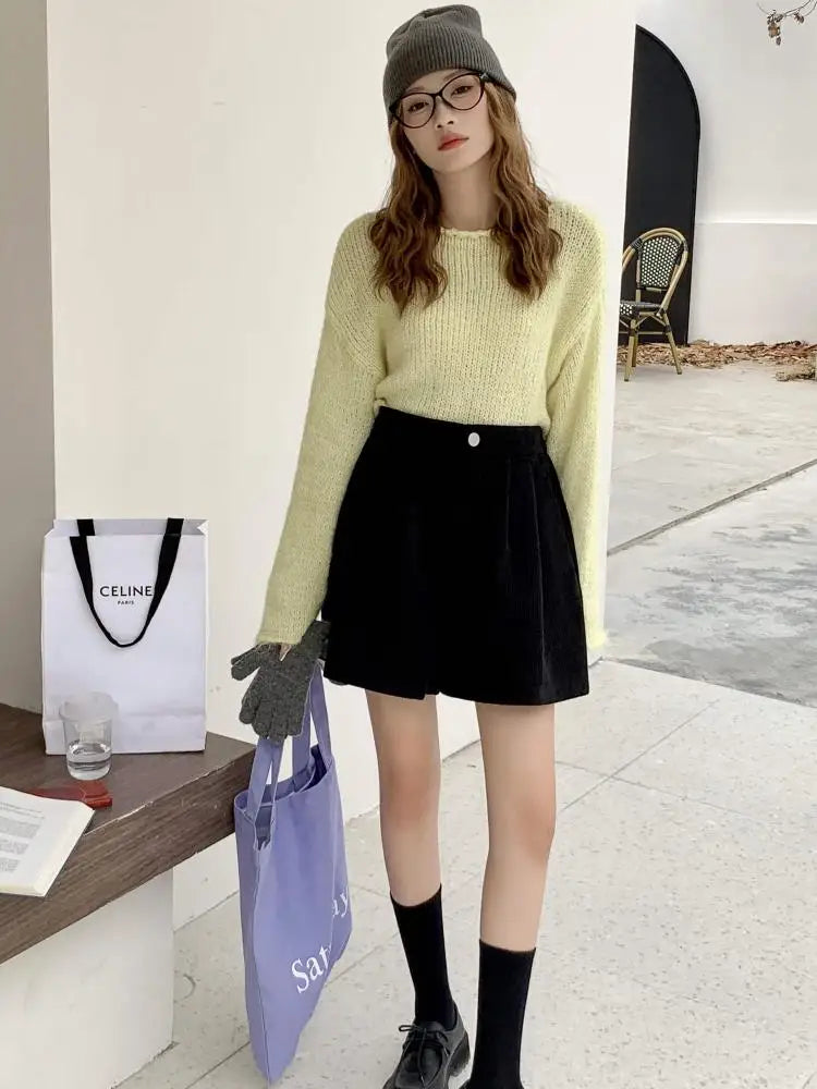 Korean Fashion Women Black High Waist Corduroy Shorts Autumn Winter Lady Beige Wide Legs Short Pant Simplicity Casual Streetwear