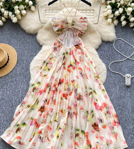 Summer New French Women's Beige Floral Temperament Pleated Slip Dress Vintage Elegant Hollow Out Backless Evening Dress Bohemian