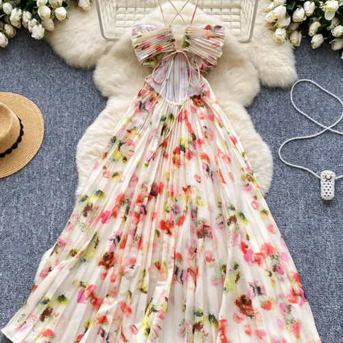 Load image into Gallery viewer, Summer New French Women's Beige Floral Temperament Pleated Slip Dress Vintage Elegant Hollow Out Backless Evening Dress Bohemian
