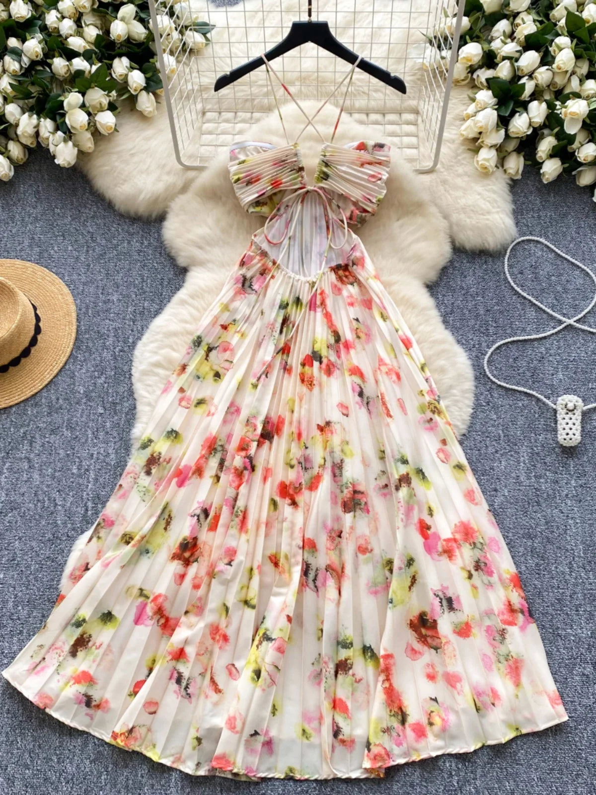 Summer New French Women's Beige Floral Temperament Pleated Slip Dress Vintage Elegant Hollow Out Backless Evening Dress Bohemian