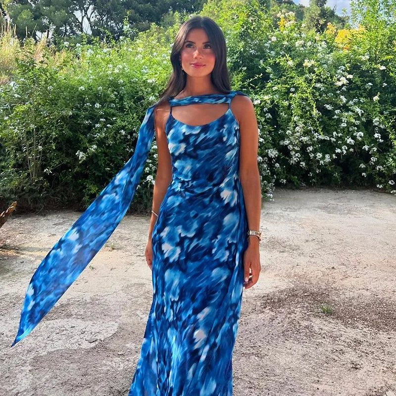 Halter Backless Print Sexy Maxi Dress For Women Gown Elegant Blue Printed Lace-up Sleeveless Evening Long Dress