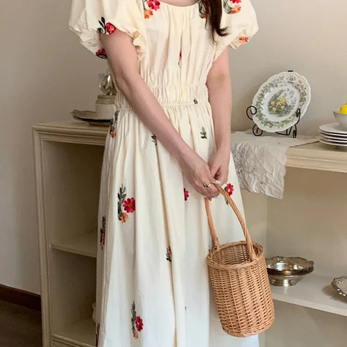 Load image into Gallery viewer, French Style Embroidery Puff Sleeve Female Dress Summer Office Lady Slim Waist Square Neck Chiffon Chic Women&#39;s Dresses
