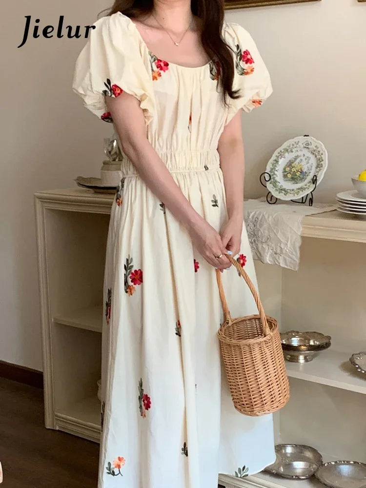 French Style Embroidery Puff Sleeve Female Dress Summer Office Lady Slim Waist Square Neck Chiffon Chic Women's Dresses