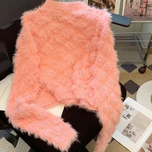 Load image into Gallery viewer, Autumn Winter French White Diamond Elegant Knitted Cardigan Tops Women's Pink V Neck Single Breasted Long Sleeve Mohair Sweater
