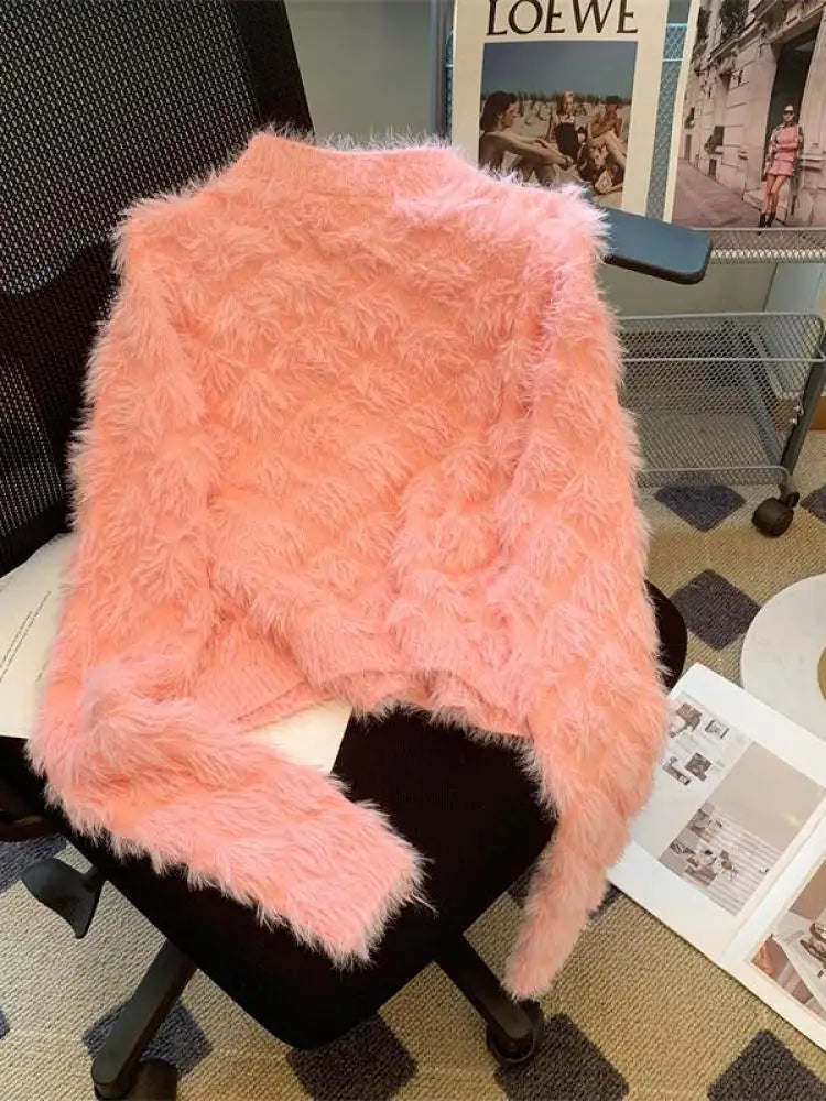 Autumn Winter French White Diamond Elegant Knitted Cardigan Tops Women's Pink V Neck Single Breasted Long Sleeve Mohair Sweater