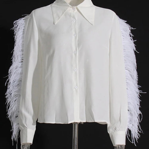 Load image into Gallery viewer, Solid Casual Patchwork Feathers Blouses For Women Lapel Long Sleeve Spliced Single Breasted Shirts Female Fashion
