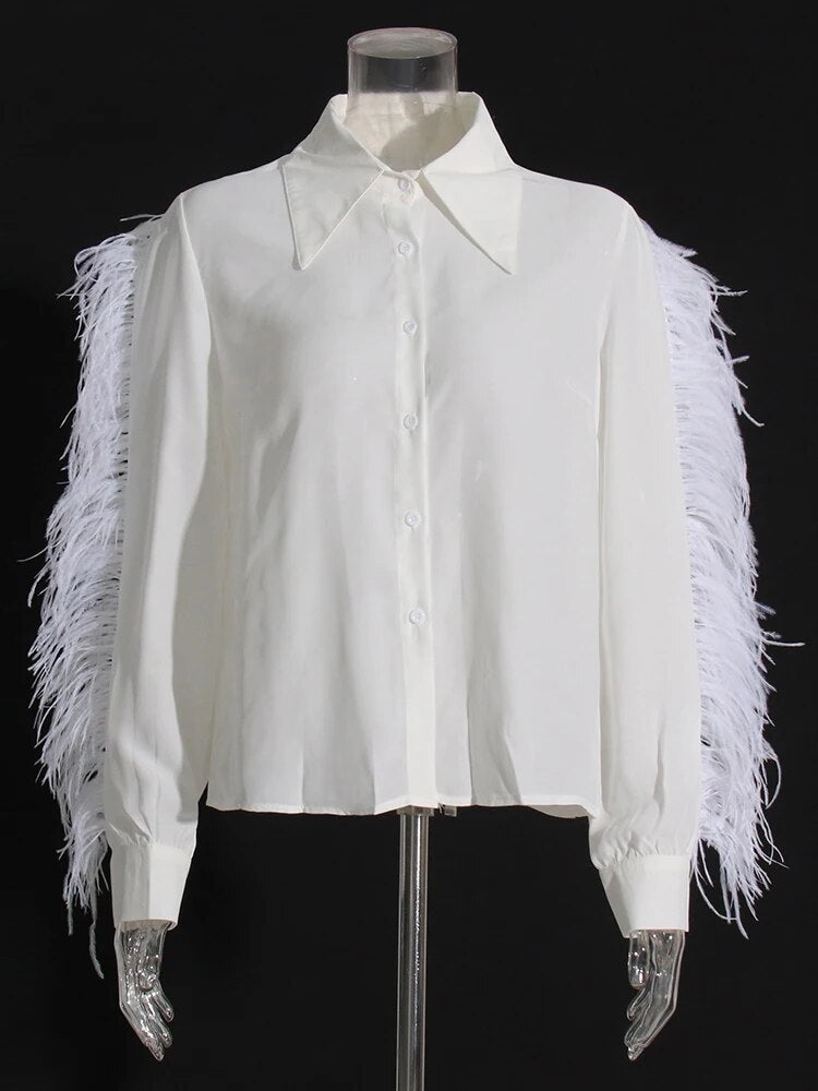 Solid Casual Patchwork Feathers Blouses For Women Lapel Long Sleeve Spliced Single Breasted Shirts Female Fashion