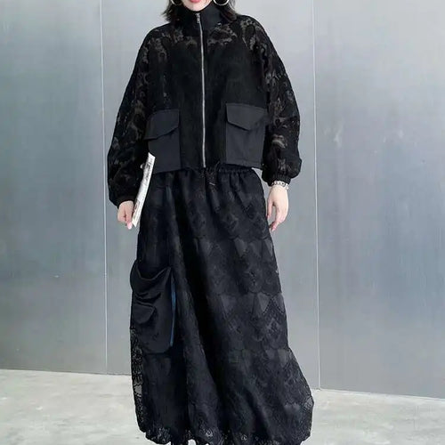 Load image into Gallery viewer, Black Lace Jacket Pocket Skirt Two Pieces Suit New Stand Collar Long Sleeve Women Fashion Tide Spring Autumn 2025 1DJ0248
