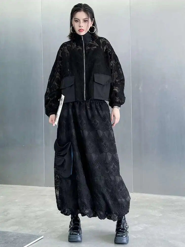 Black Lace Jacket Pocket Skirt Two Pieces Suit New Stand Collar Long Sleeve Women Fashion Tide Spring Autumn 2025 1DJ0248