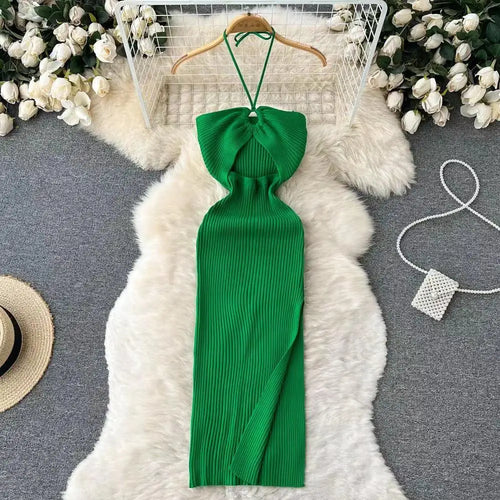 Load image into Gallery viewer, Korean Women's Solid Elegant Sexy Club Slim Wrapped Hip Halter Lace-up Split Long Dress Summer Vacation Knitted Party Dress Chic
