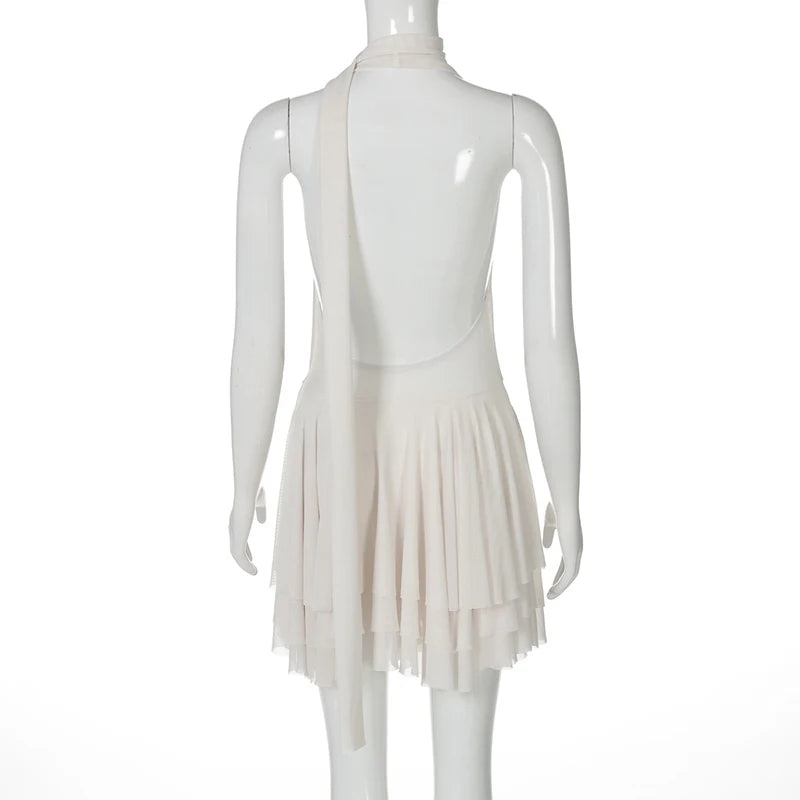 Halter Deep V Neck Backless Sexy Mini Dress For Women Robe Solid Sleeveless High Waist Ruffled Club Party Dress