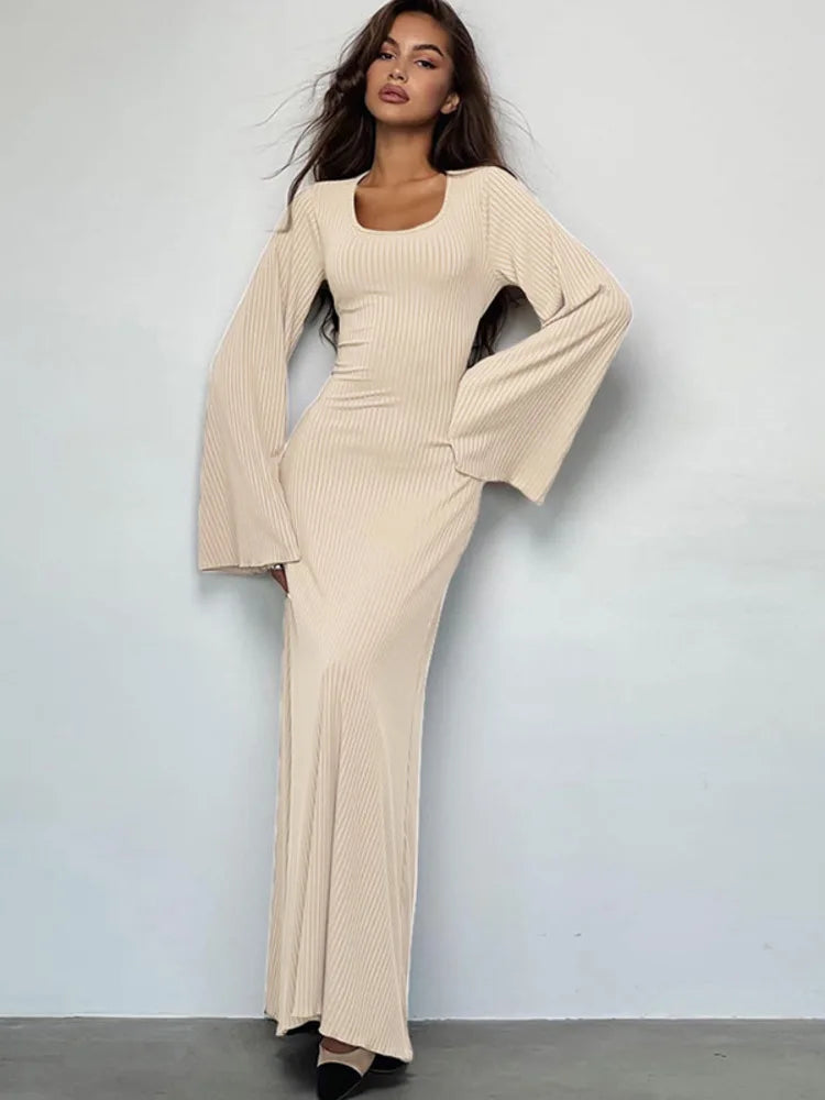 Autumn/Winter New Women Sweater Square Neck Flare Sleeve Lace up Waist Slim Dress Bodycon Party Club Street Clothing