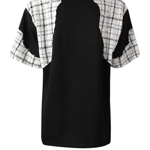 Load image into Gallery viewer, Women Black Tweed Color-block Spliced Big Size T-shirt New Round Neck Short Sleeve Fashion Tide Spring Summer 2025 CPG3061
