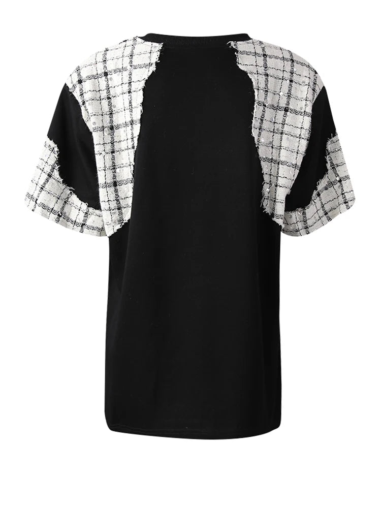 Women Black Tweed Color-block Spliced Big Size T-shirt New Round Neck Short Sleeve Fashion Tide Spring Summer 2025 CPG3061