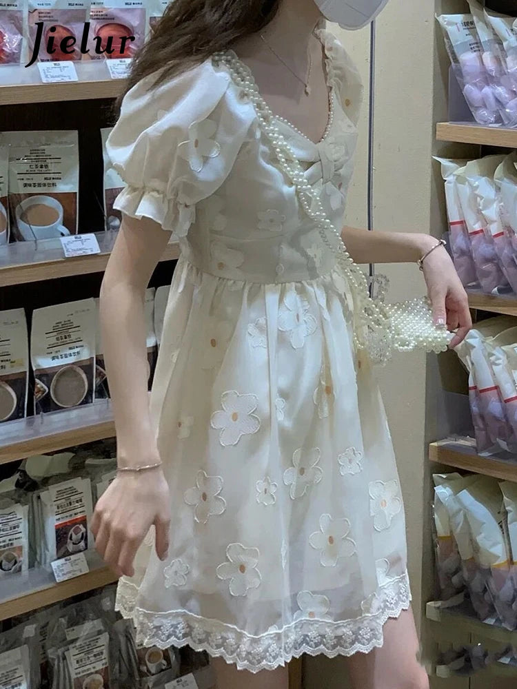 French Style Vintage Puff Sleeve Dress Summer Elegant High Waist Slim Lace Women's Dresses Birthday Party Evening Dress