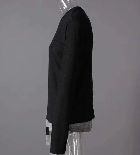 Women Black Gray Color-block Slim Knitting T-shirt New Round Neck Long Sleeve Fashion Tide Spring Autumn 2025 CPG2853