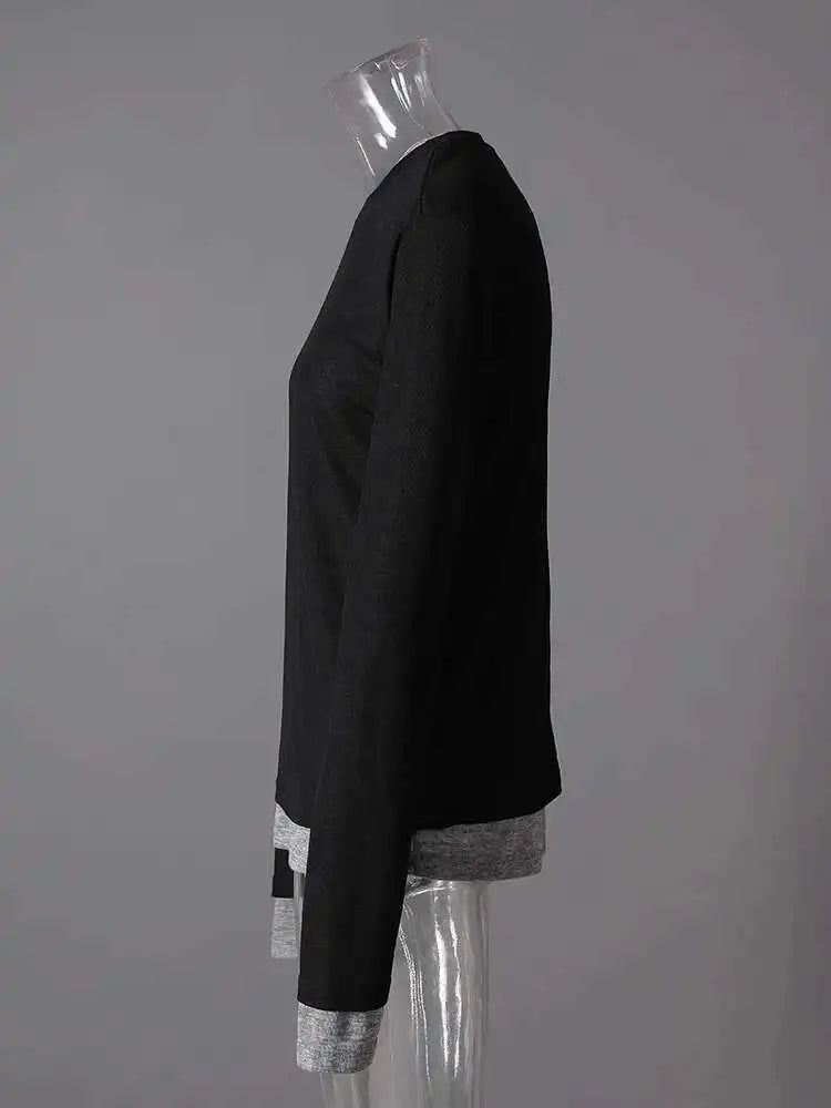 Women Black Gray Color-block Slim Knitting T-shirt New Round Neck Long Sleeve Fashion Tide Spring Autumn 2025 CPG2853