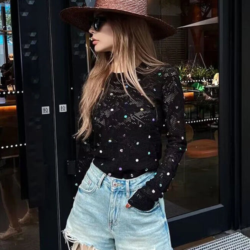 Load image into Gallery viewer, Luxury Diamonds Beaded Knitted Sweater Rhinestones Pullover Tops Autumn Winter Crystal Streetwear High Waist Short Coat C-208
