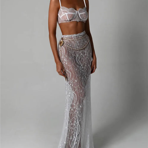 Load image into Gallery viewer, See Through Lace Two Piece Skirt Sets Women Crop Top And Maxi Skirt Sets Elegant Party Beach Sexy Two Piece Set
