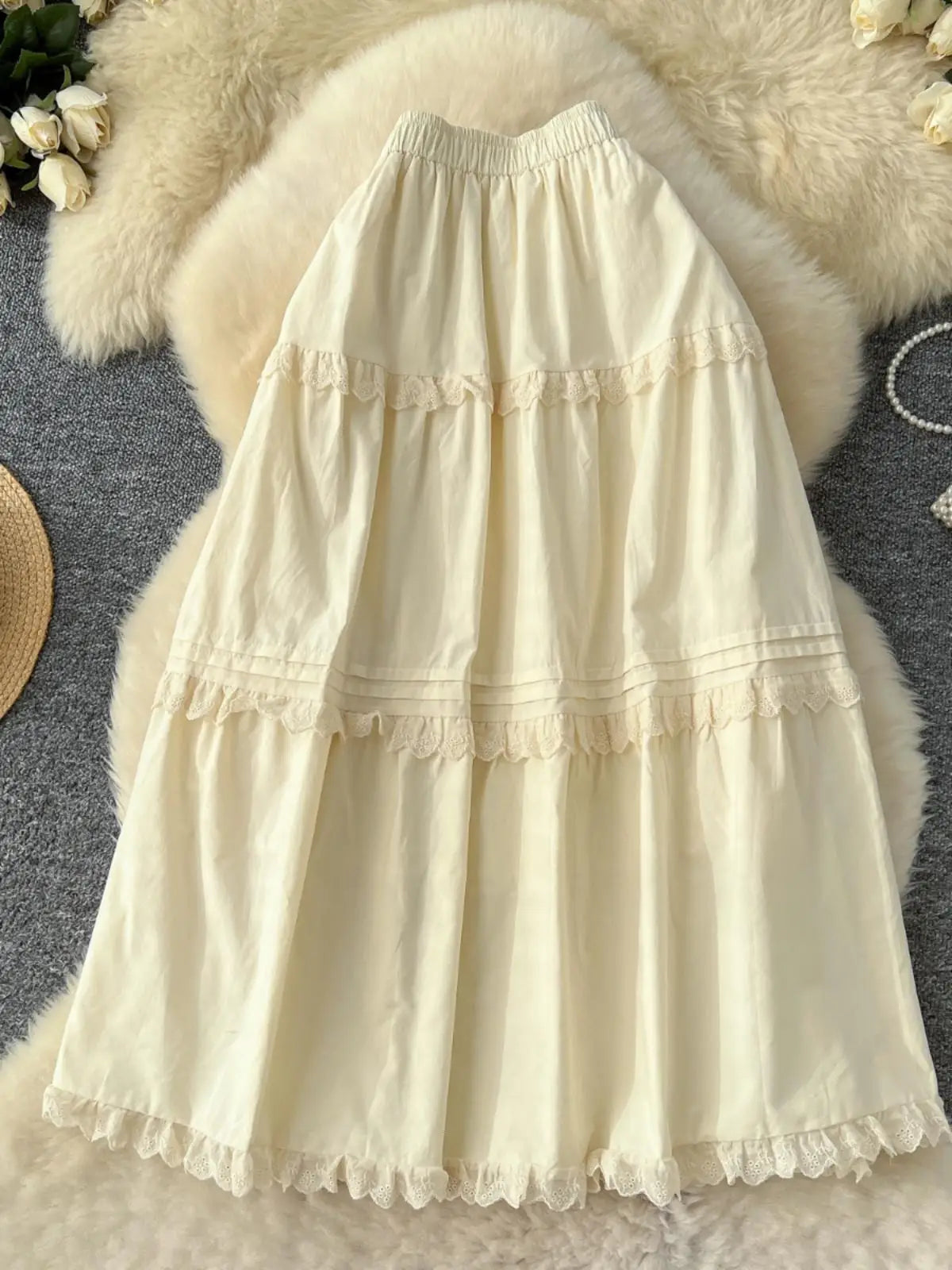 Vintage Elegant Women White High Waist Vacation Long Skirts Autumn Winter New Beige Ruffle Edge Pleated Short A-line Skirt Trend