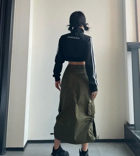 Fashion Long Cargo Skirt Women Y2k Streetwear Vintage Pocket High Waist Side Split Shirring Casual Straight Midi Skirt Korean