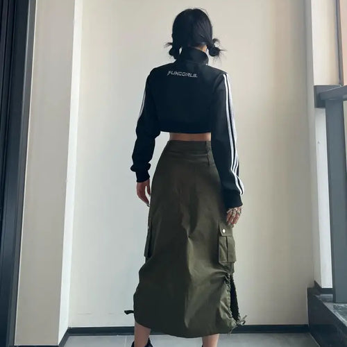 Load image into Gallery viewer, Fashion Long Cargo Skirt Women Y2k Streetwear Vintage Pocket High Waist Side Split Shirring Casual Straight Midi Skirt Korean
