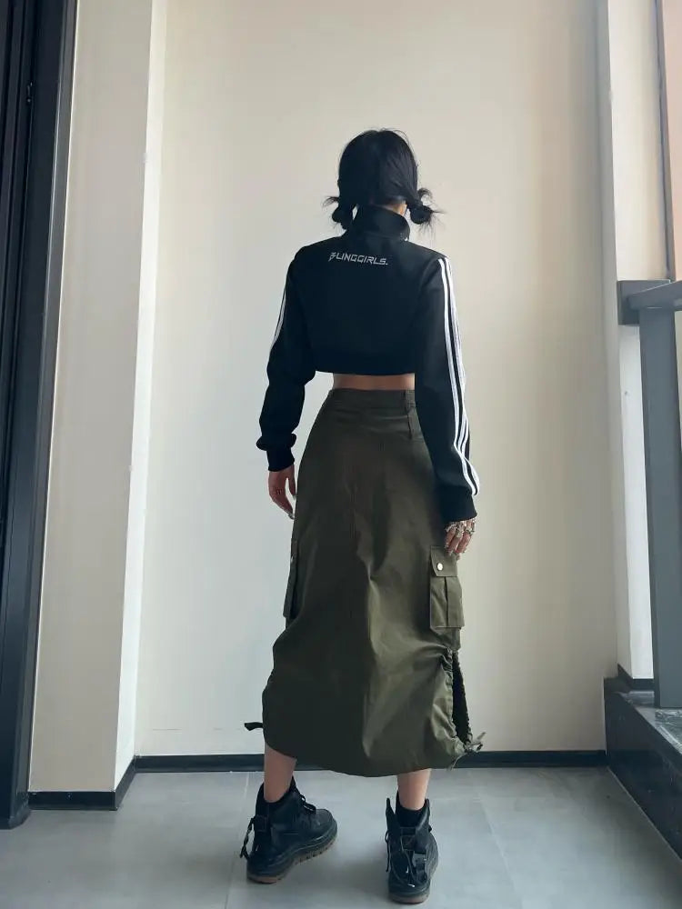 Fashion Long Cargo Skirt Women Y2k Streetwear Vintage Pocket High Waist Side Split Shirring Casual Straight Midi Skirt Korean