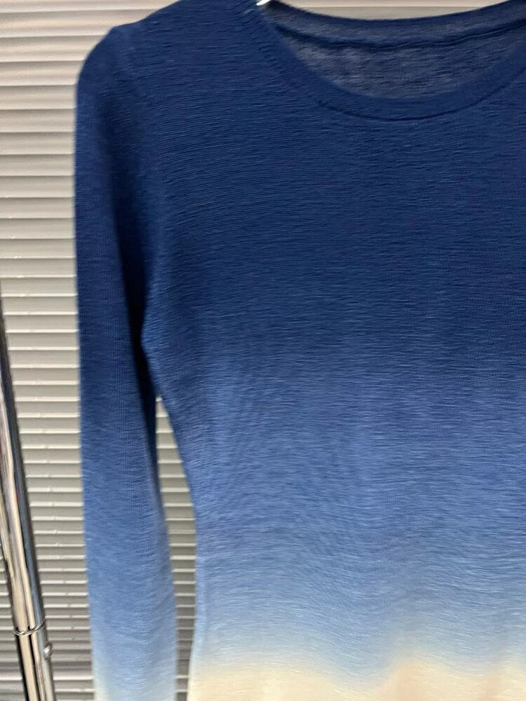 Slim Tie Dye Sweater For Women Round Neck Long Sleeve Colorblock Knitting Elegant T Shirts Female Clothing