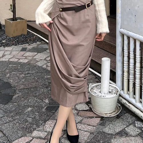 Load image into Gallery viewer, Hit Color Spliced Belt Asymmetrical Temperament Skirt For Women High Waist Patchwork Folds Casual Skirt Female New
