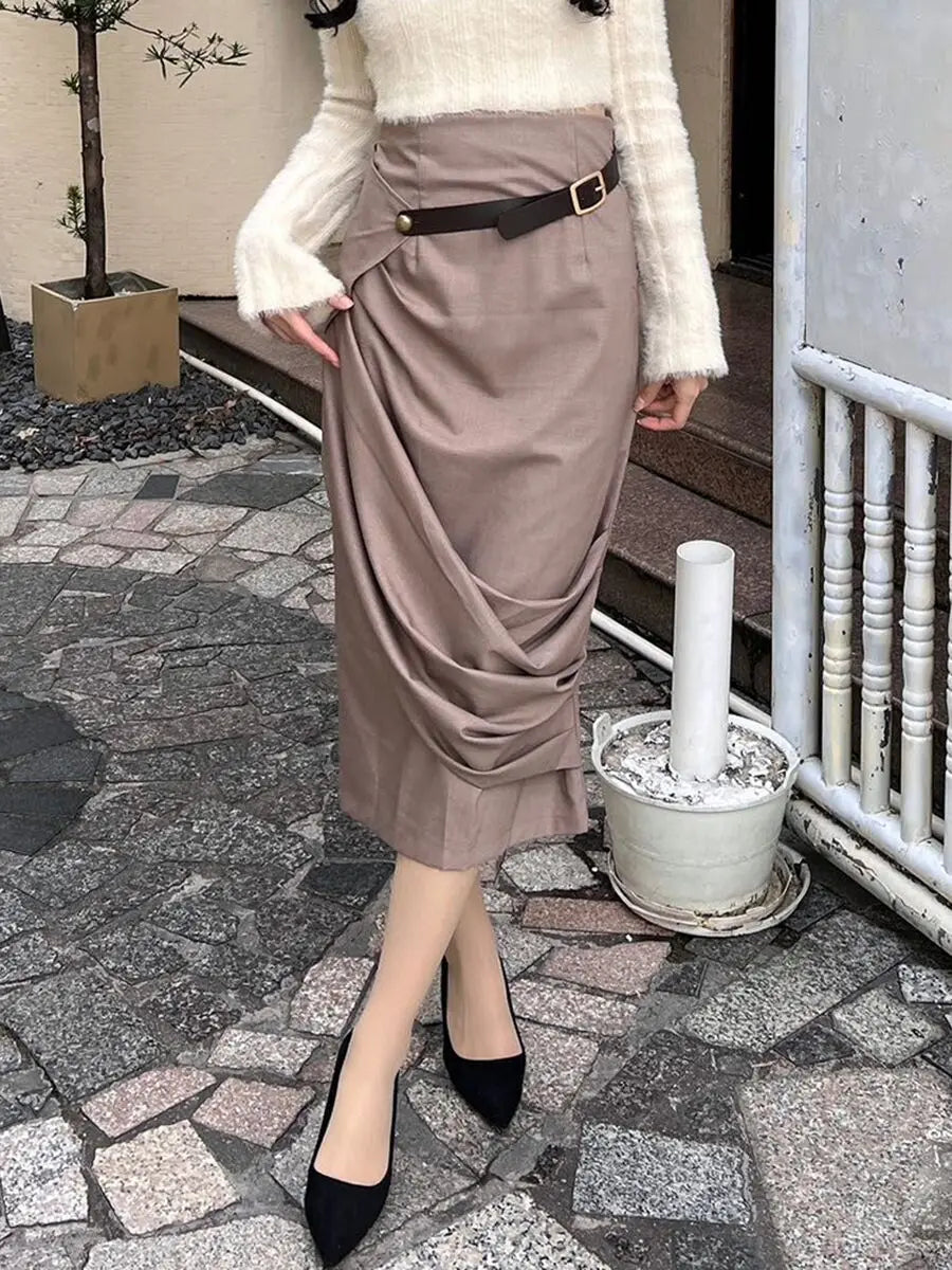 Hit Color Spliced Belt Asymmetrical Temperament Skirt For Women High Waist Patchwork Folds Casual Skirt Female New