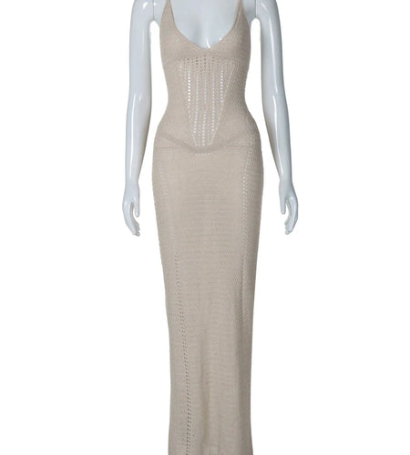 Knitted Solid V Neck Slips Backless Bandage Sexy Bodycon Maxi Dress Summer Women Fashion Outfits Beach Vacation