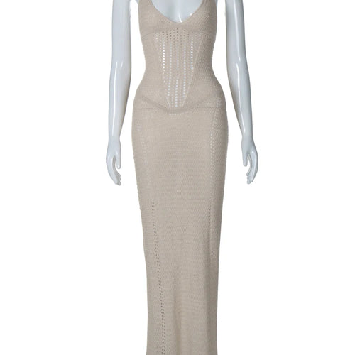 Load image into Gallery viewer, Knitted Solid V Neck Slips Backless Bandage Sexy Bodycon Maxi Dress Summer Women Fashion Outfits Beach Vacation
