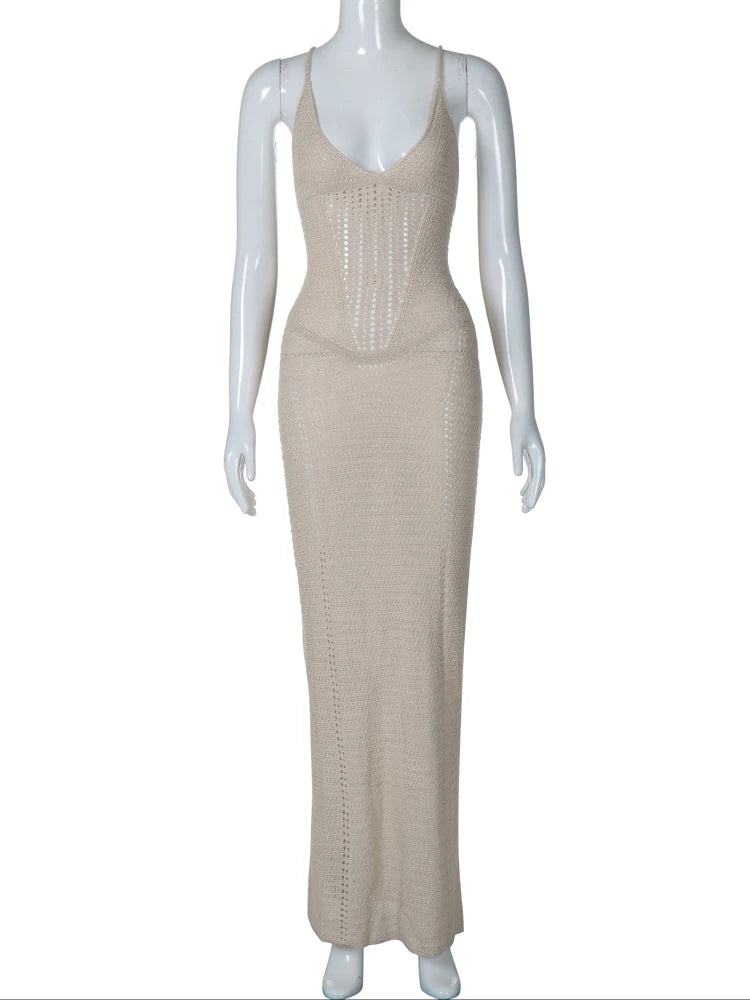 Knitted Solid V Neck Slips Backless Bandage Sexy Bodycon Maxi Dress Summer Women Fashion Outfits Beach Vacation