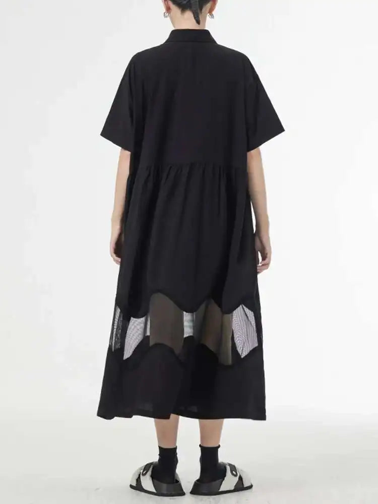 Women Blue Perspective Big Size Shirt Dress New Lapel Short Sleeve Loose Fit Fashion Tide Spring Summer 2025 1DF8791