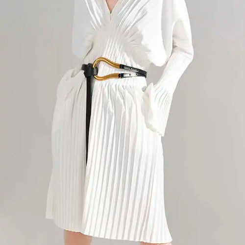 Load image into Gallery viewer, Women White Pleated Elegant Big Size Midi Shirt Dress New V-Neck Long Flare Sleeve Fashion Tide Spring Autumn 2025 1W3260
