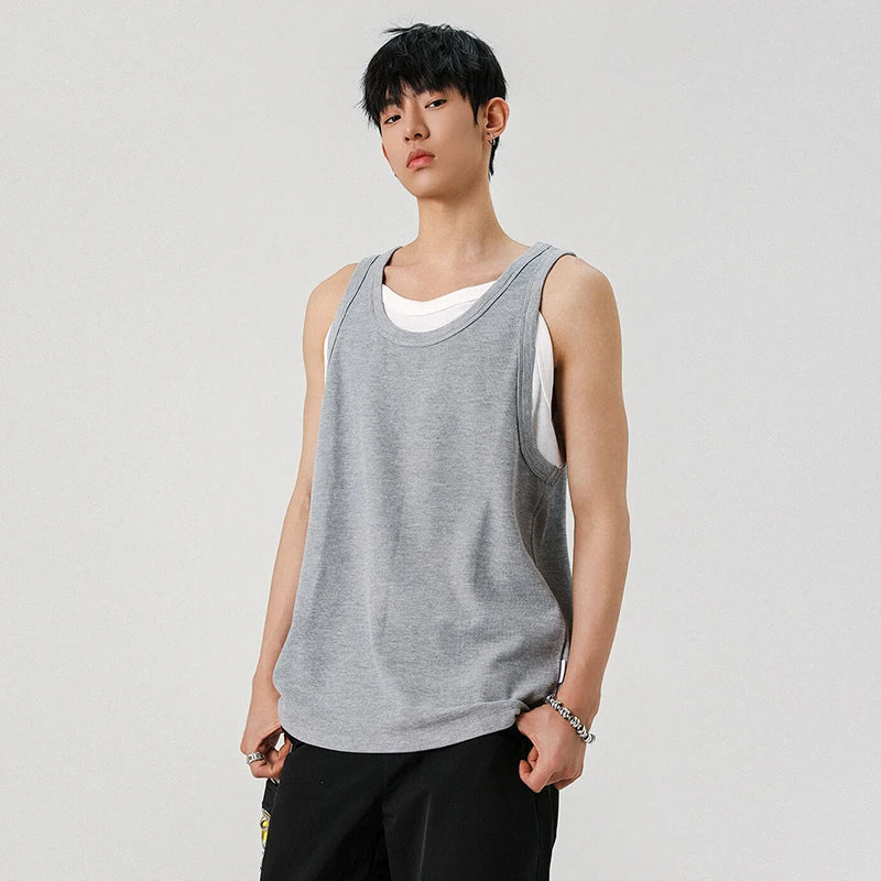 Men's Vest Fake Two Pieces Sleeveless T-shirt Solid Color Pullover T-shirts Casual Men Top Summer Trend 2025 9W1298
