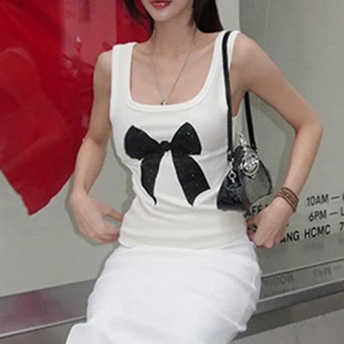 Load image into Gallery viewer, Casual Coquette Bow Printed Basic Summer Tank Top Sleeveless Knit Tee Vest Korean Kawaii Clothes Preooy Style Outfits
