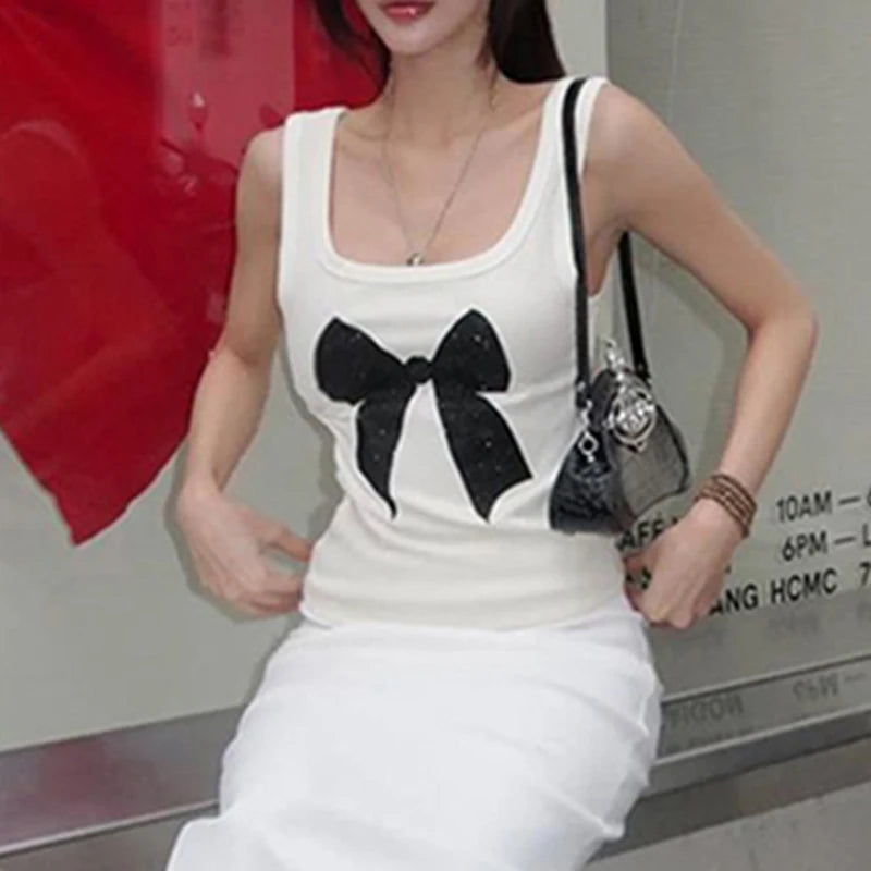 Casual Coquette Bow Printed Basic Summer Tank Top Sleeveless Knit Tee Vest Korean Kawaii Clothes Preooy Style Outfits