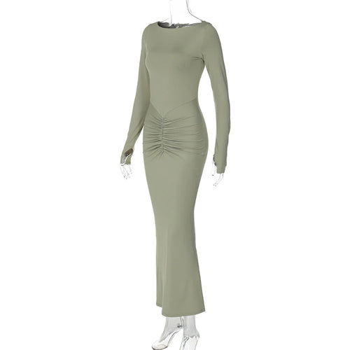 Load image into Gallery viewer, Long Sleeve Ruched Sexy Maxi Dress For Women Fashion Light Green O Neck Bodycon Elegant Club Party Long Dress Vestidos
