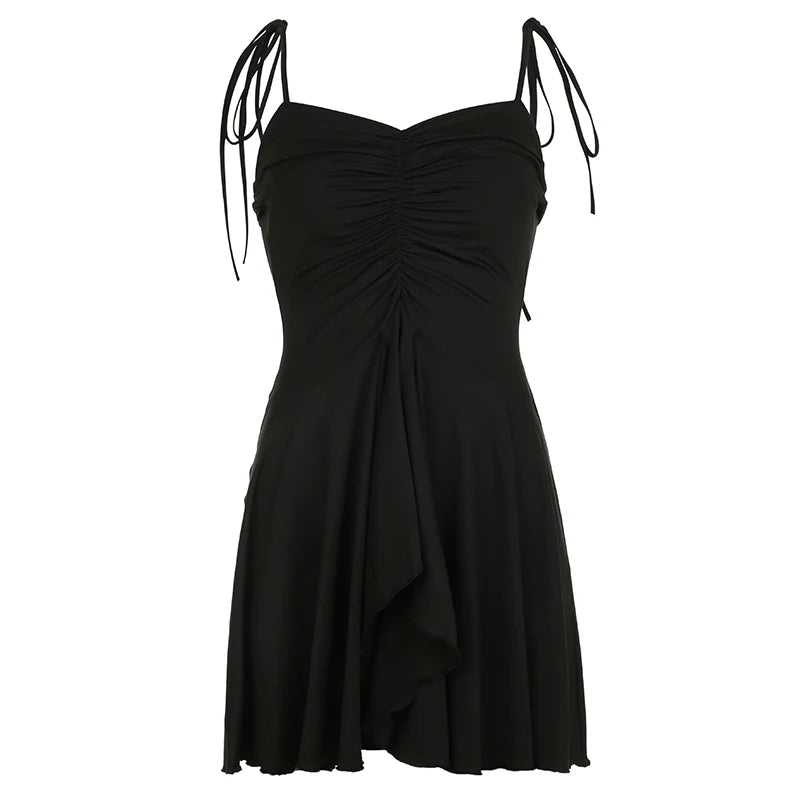 Strappy Black Slim Summer Dress Mini Tierred Drawstring Folds Sexy Sundress Korean Fashion Draped Holidays French New