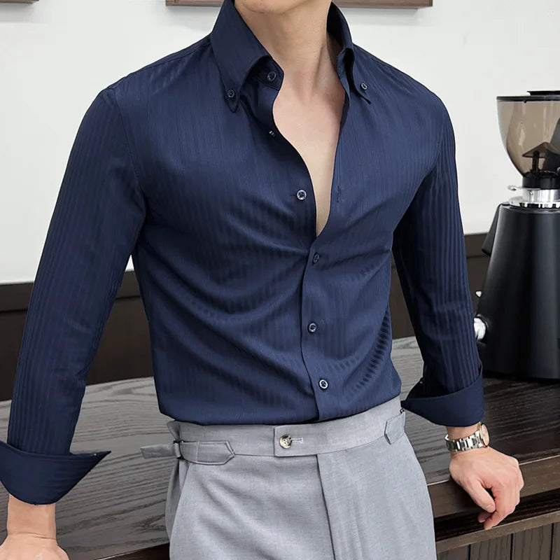 Men's New Long Sleeve Shirts Korean Design Turn-down Collar Casual Handsome Male Stripe Single Breasted Shirts 9W1568