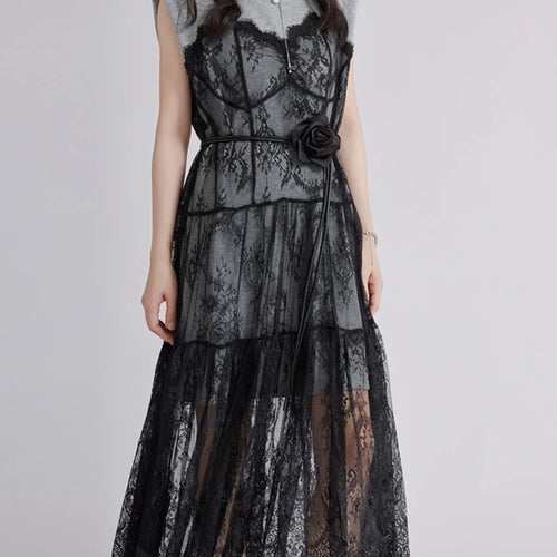 Load image into Gallery viewer, Women Gray Lace Perspective Big Size Midi Dress New Round Neck Short Sleeve Fashion Tide Spring Summer 2025 1DJ1429
