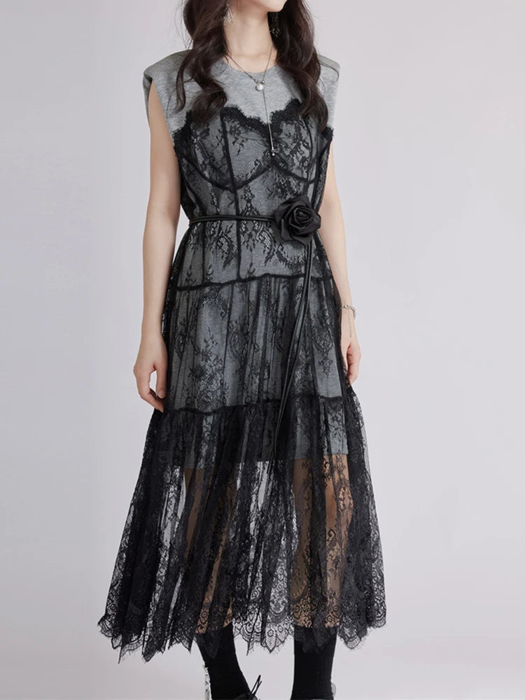 Women Gray Lace Perspective Big Size Midi Dress New Round Neck Short Sleeve Fashion Tide Spring Summer 2025 1DJ1429