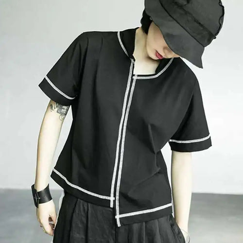 Load image into Gallery viewer, Women Black Line Stitch Irregular Big Size T-shirt New V-collar Short Sleeve  Fashion Tide  Spring Summer 2025 1X004
